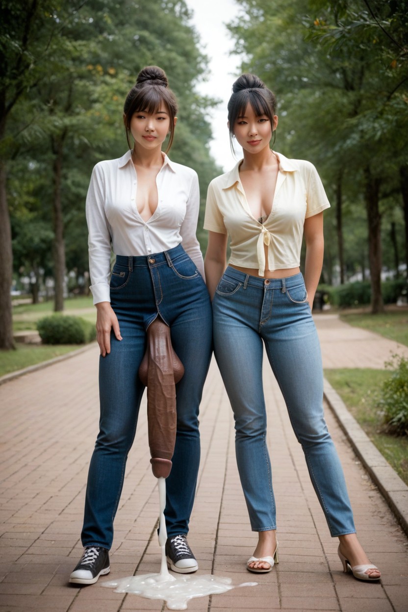 Asian, Two Women, Soft Penis Shemale AI Porn