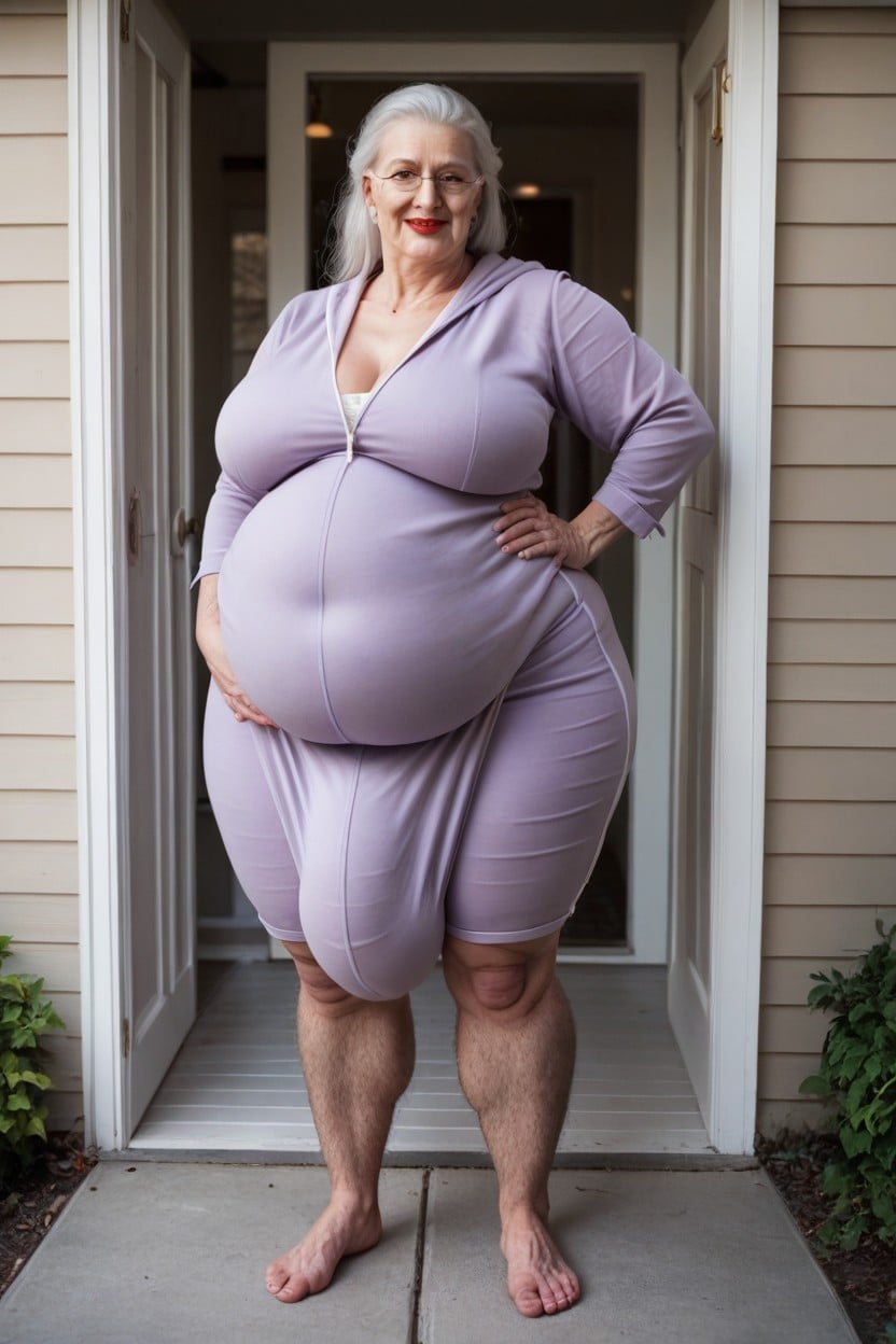Onesie, Standing Outside Front Door, Purple Onesie Shemale AI Porn