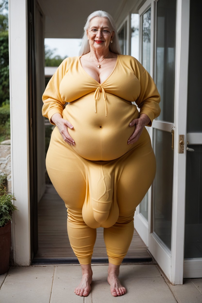 Grinning, Standing Outside Front Door, Yellow Onesie Shemale AI Porn