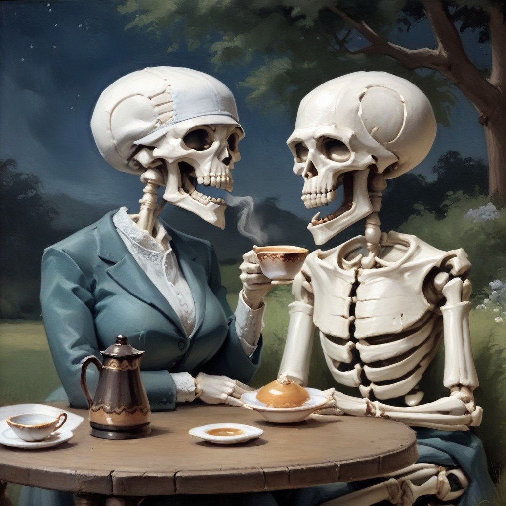 Night, Tea Party, Skeleton Body Pornografia de IA