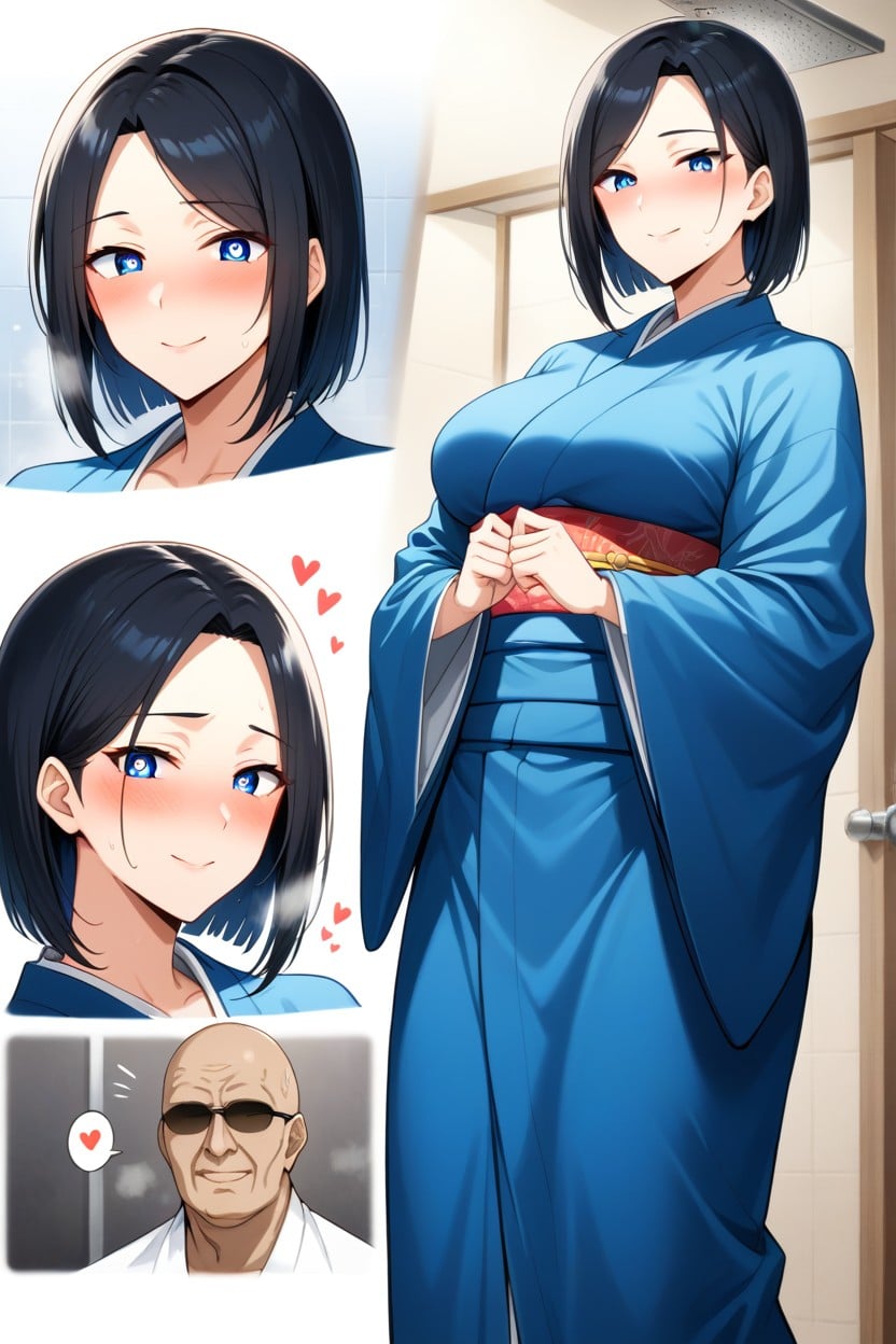 Blue Kimono, Undressing, Multiple Views Hentai AI Porn
