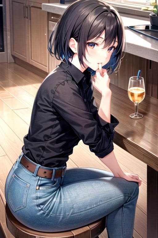 Sfw, Sentada, Jeans Hentai IA pornografia