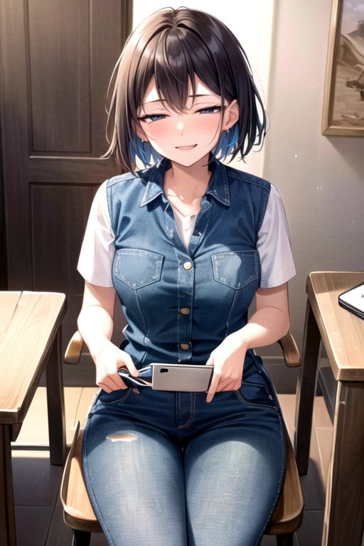 Jeans, Camisa De Escritório, Sentada Hentai IA pornografia