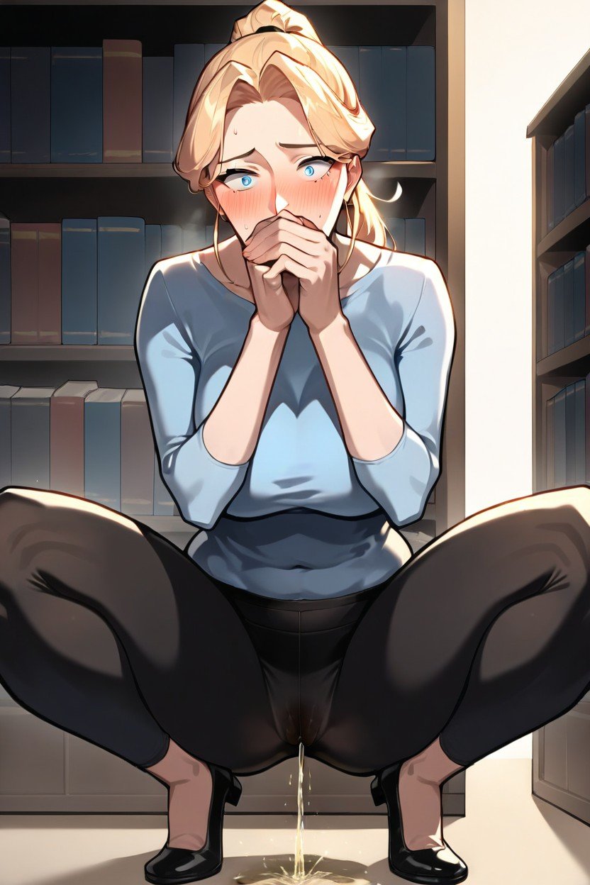 Blushing, Between Bookshelfs, Ponytail Hentai AI Porn