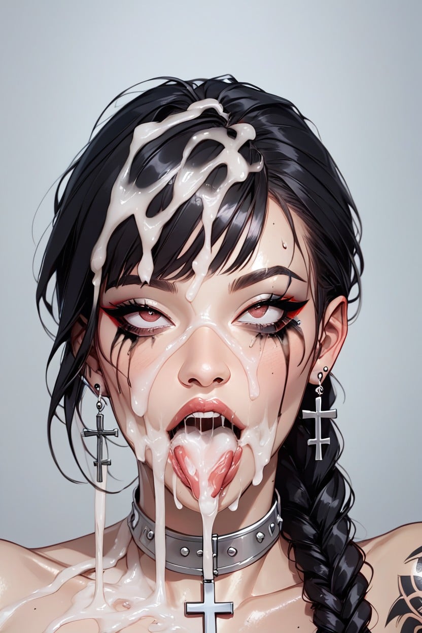 Cum Covering Faces, Silver Choker, Smeared Makeup AI Porn