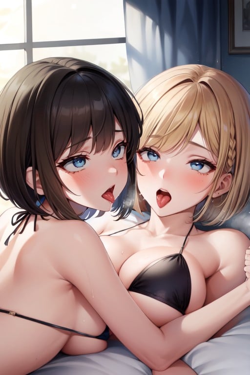 Nsfw、 Girls、presenting 、yuri、vulgarity、show Off Pussy、 Girlash Blonde Hair、short Bob、blue Eyes, Allongé, 2 PersonnesPorno IA