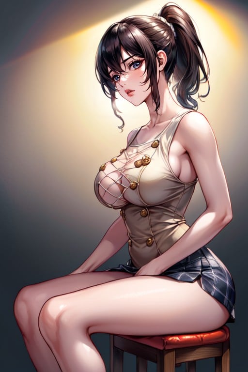 馬尾辮, Big Breasted Goblin Female Wearing A Tanktop And Plaid Mini Skirt With High Heels And Fishnet Stockings With A Simple Background, 半身照AI黃片