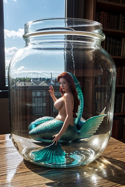 Ariel Completely Submerged In Water, Ariel Floating, Library In BackgroundAI 포르노