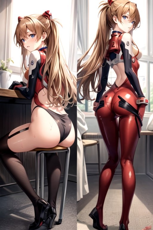 Asuka (evangelion), Sitting On A Chair;, Detailed Vagina With A Slit; Side View; Hands Spread The Buttocks Bending Over; Black Translucent Patterned Stockings With White Bows; White Gloves With A Black Pattern; Red Tattoo Of A Heart With Lines On The Face; Front ViewPorno IA