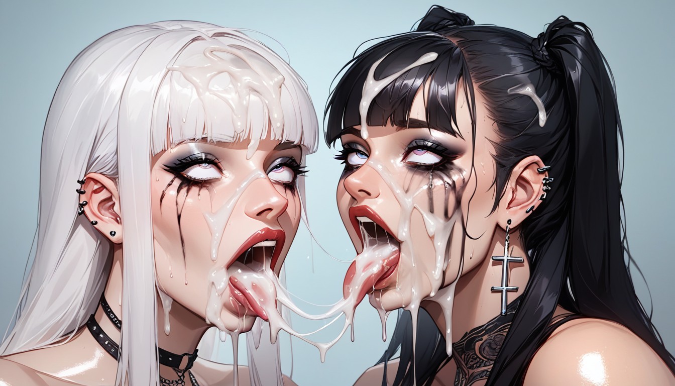 Bukkake, Drooling Cum Into Mouth, Cum Overflow AI Porn