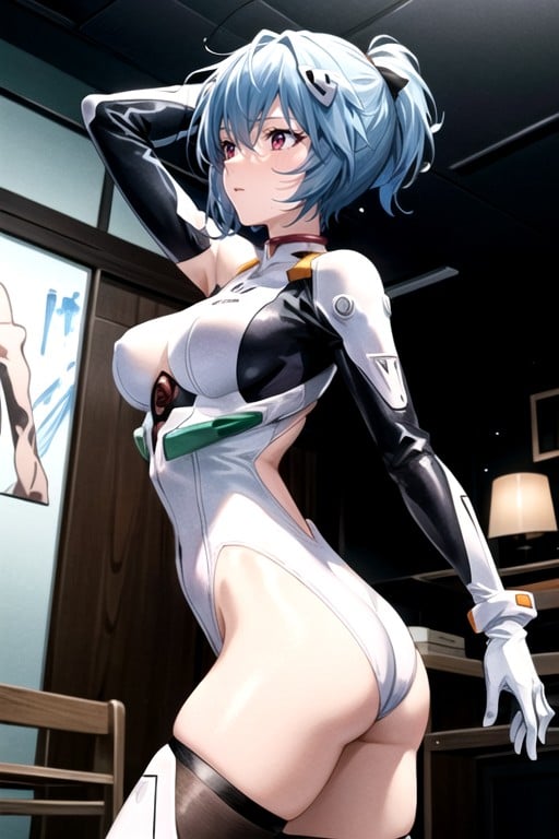 Detailed Vagina With A Slit; Black Translucent Patterned Stockings With White Bows; White Gloves With A Black Pattern; Red Tattoo Of A Heart With Lines On The Face;, Ayanami Rei (evangelion), Blacklinear Swimsuit In A Stretch From Shoulder To Chest To Vagina; Black And White Sleeves On The Arms; Rounded Ass; ; Sweaty; A Athletic Body; Slightly Bare Thighs; Half Naked Thighs; A Bare AI Porn