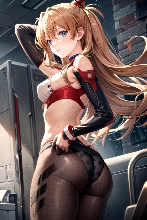 Asuka (evangelion), Blacklinear Swimsuit In A Stretch From Shoulder To Chest To Vagina; Black And White Sleeves On The Arms; Rounded Ass; ; Sweaty; A Athletic Body; Slightly Bare Thighs; Half Naked Thighs; A Bare, Detailed Vagina With A Slit; Black Translucent Patterned Stockings With White Bows; White Gloves With A Black Pattern; Red Tattoo Of A Heart With Lines On The Face; Pornografia de IA