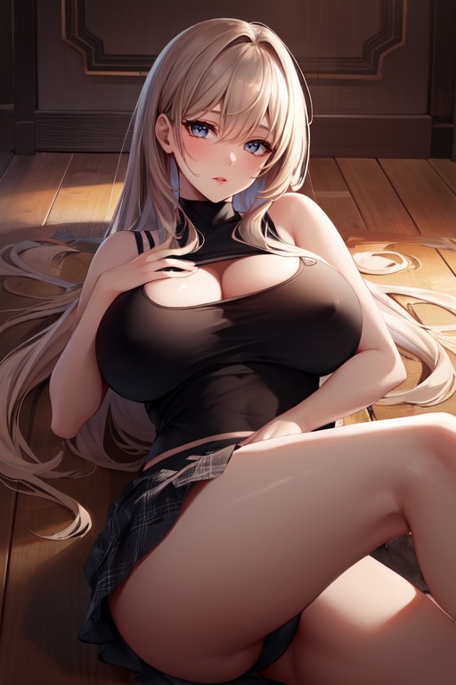 Big Breasted Female With Large Round Ass Wearing A Tank Top And Plaid Mini Skirt With Fishnet Stockings Has A Simple Background, 버스트 샷, 긴 길이AI 포르노