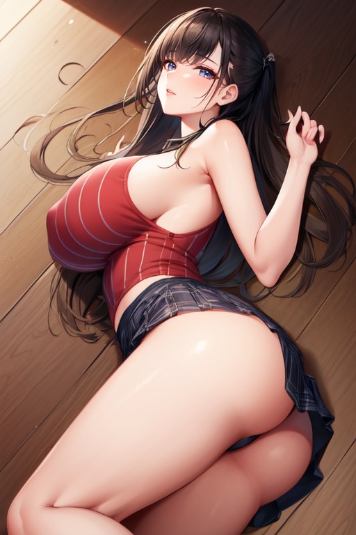 ロング丈, 前髪, Big Breasted Female With Large Round Ass Wearing A Tank Top And Plaid Mini Skirt With Fishnet Stockings Has A Simple BackgroundAIポルノ