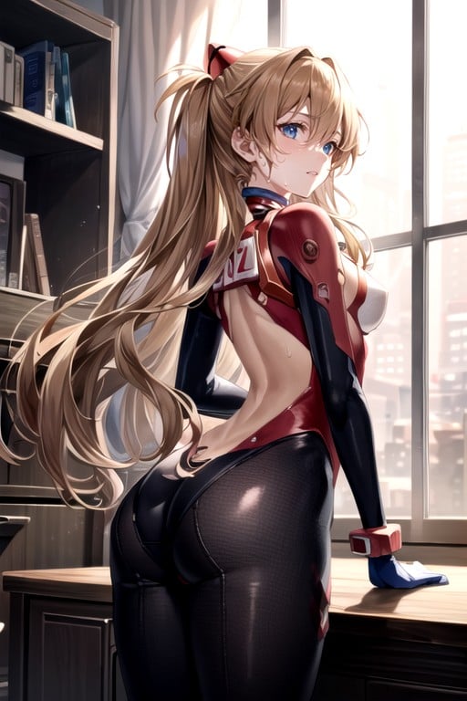 Detailed Vagina With A Slit; Black Translucent Patterned Stockings With White Bows; White Gloves With A Black Pattern; Red Tattoo Of A Heart With Lines On The Face;, Asuka (evangelion), Blacklinear Swimsuit In A Stretch From Shoulder To Chest To Vagina; Black And White Sleeves On The Arms; Rounded Ass; ; Sweaty; A Athletic Body; Slightly Bare Thighs; Half Naked Thighs; A Bare AI Porn