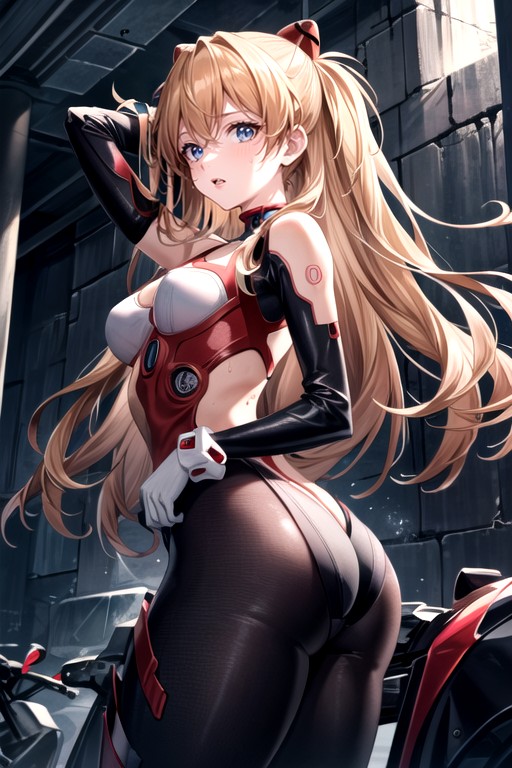 Asuka (evangelion), Detailed Vagina With A Slit; Black Translucent Patterned Stockings With White Bows; White Gloves With A Black Pattern; Red Tattoo Of A Heart With Lines On The Face; Bare Shoulders; A Monochromatic Choker Around My Neck; Mouth And Nose Are Covered With A Mechanical Angle Mask;, Blacklinear Swimsuit In A Stretch From Shoulder To Chest To Vagina; Black And White Sleeves On The Arms; Rounded Ass; ; Sweaty; A Athletic Body; Slightly Bare Thighs; Half Naked Thighs; A BarePorno AI