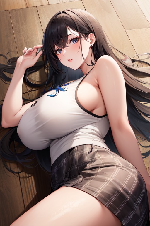 Big Breasted Female With Large Round Ass Wearing A Tank Top And Plaid Mini Skirt With Fishnet Stockings Has A Simple Background, 버스트 샷, 긴 길이AI 포르노