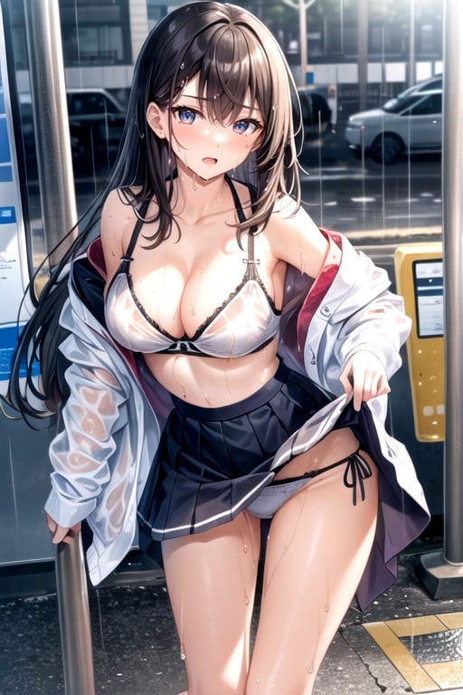 Bus Stop, Bottom Up (upskirt), Wet Clothes AI Porn