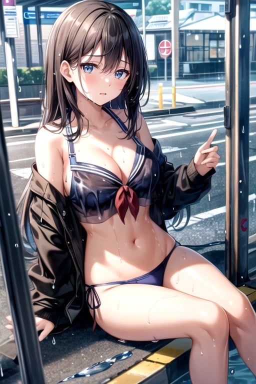 Sailor Uniform, Wet Clothes, Bus Stop AI Porn