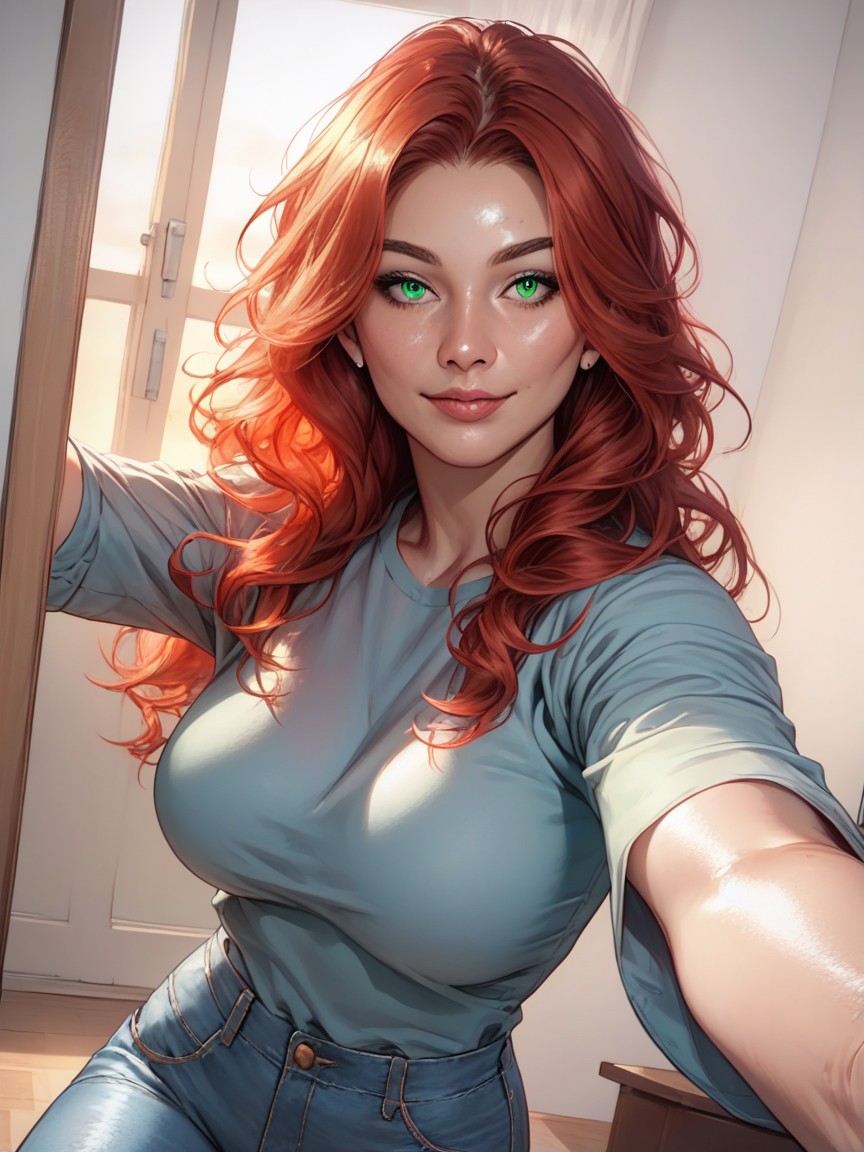 Green Eyes Body, Girl, Flowing Medium Wavy Hair AI Porn