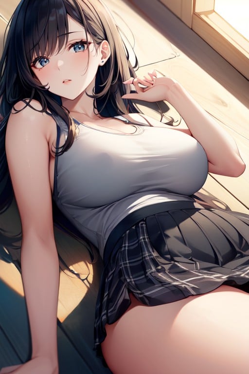 슬릭드, Big Breasted Female With Large Round Ass Wearing A Tank Top And Plaid Mini Skirt With Fishnet Stockings Has A Simple Background, 긴 길이AI 포르노