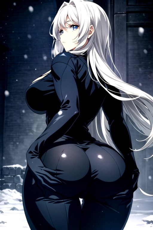 작은 엉덩이, Skintight Black Bodysuitlong White Hair And Snow Background Tight Fit Round Trained Ass, 몸에 딱 맞는 옷헨타이 AI 포르노