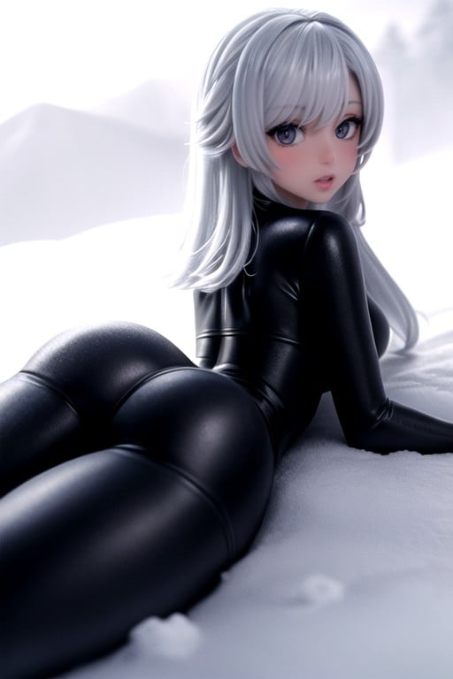 贴身衣服, 小臀, Skintight Black Bodysuitlong White Hair And Snow Background Tight Fit Trained AssAI黄漫