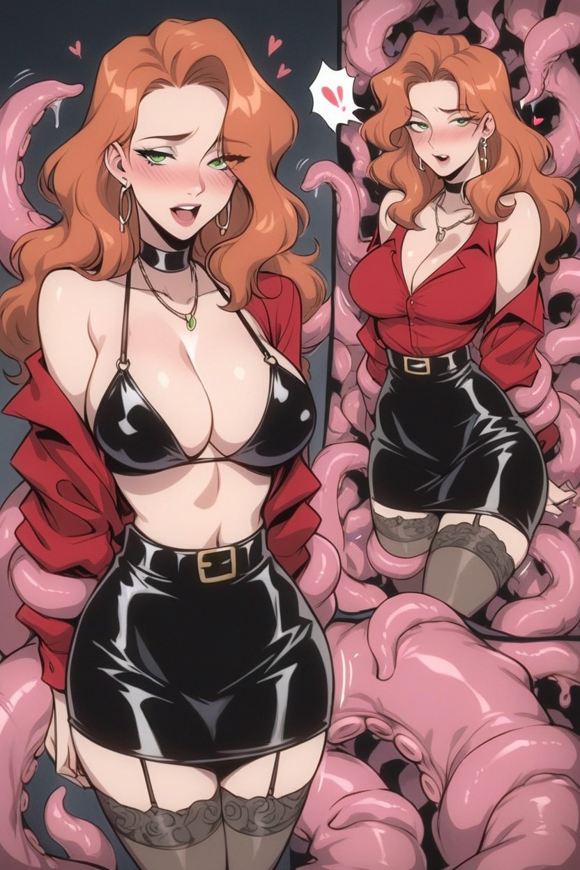 Nsfw, Wearing A Revealing Leather Lingerie Outfit, Red Sleeveless Top Hentai AI Porn
