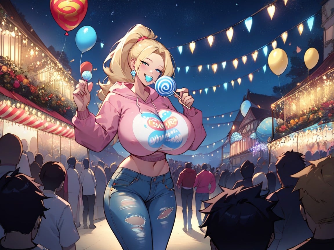 Night Time, Eating Blue Ball Of Cotton, Carnival Food TruckAIポルノ