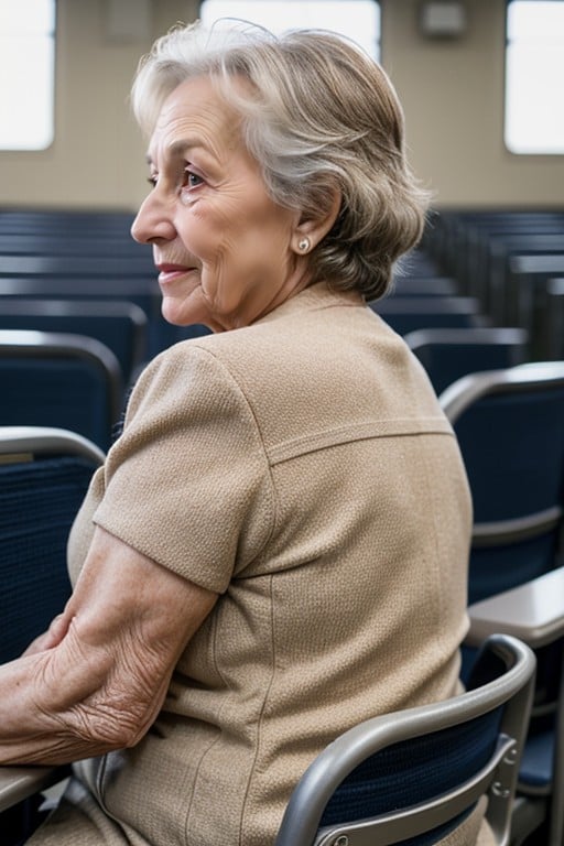 60+, 教室, 腕を背中にAIポルノ