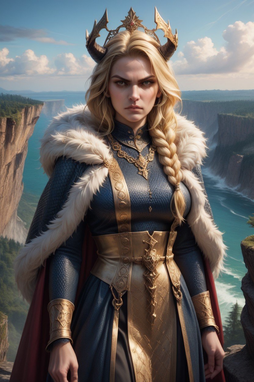 Cliff Overlooking The Sea, Braided Blonde Hair, Unrealistic Armor Pornografia de IA