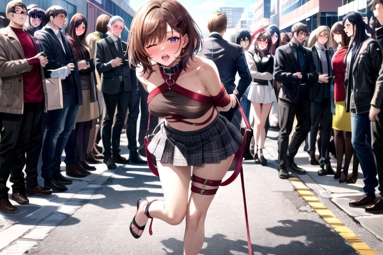 眾人圍, 尷尬, Higuchi Madoka Absurdres Commentary Highres Translated Girl Arms Behind Back Bdsm Black Pyhose Black Sweater Blush Bondage Bound Bound Ankles Bound Arms Bound Legs Bound Thighs Bound Wrists Breast Bondage Breasts Brown Hair Clenched Teeth Collar Feet Full Body Hair Ornament Hairclip Half Closed Eyes Hogtie Holding Holding Leash Leash Leash Pull Lying Mole Mole Under Eye No Shoes On Stomach One Eye Closed Pyhose Pleated Skirt Pov Pov Hands Purple Eyes Restrained Rope Shibari Shibari Over Clothes Short Hair Skirt Soles Solo Focus Speech Bubble Sweat Sweater Swept Bangs Teeth Toes Viewer Holding Leash In Crowds Crowd ThrongAI黃漫