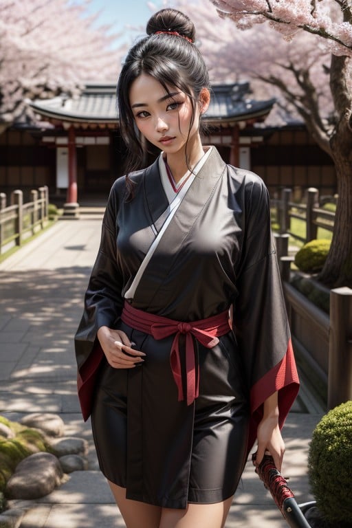 Standing In A Japanese Garden With Blooming Cherry Trees, Black Hair Tied In A Bun, Focused And Calm Expression AI Porn