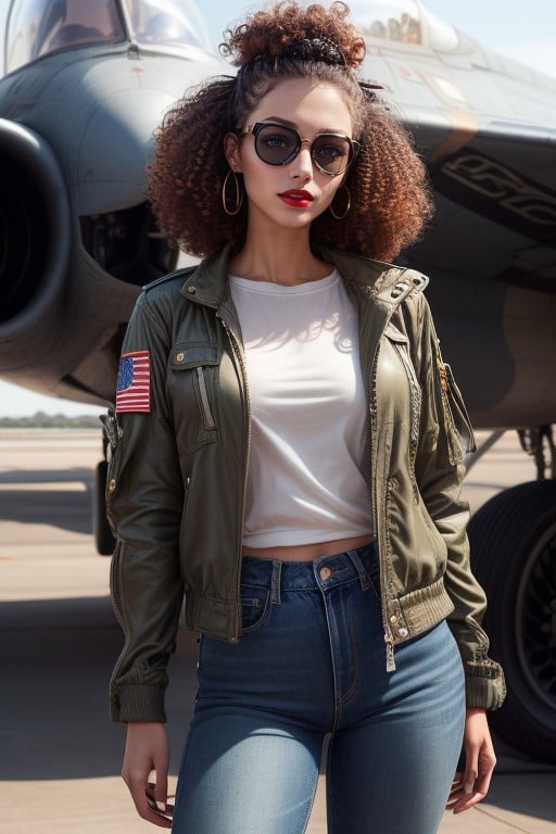 Bright Red Lipstick, Bright Red Lipstick, On An Airfield With A Fighter Plane In The Background Pornografia de IA