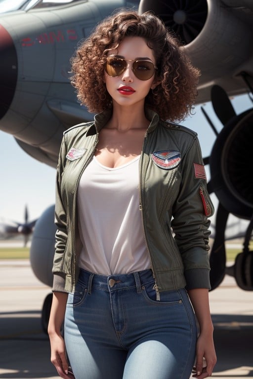 Wearing A Khaki Flight Suit, Bright Red Lipstick, SfwPorno IA