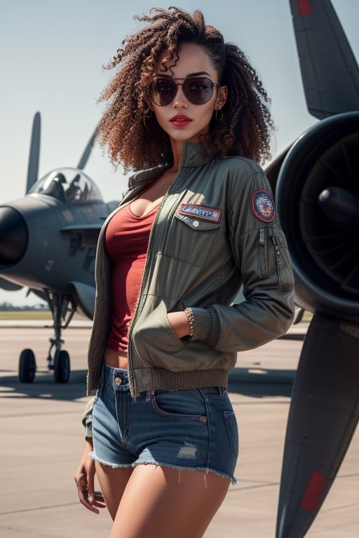 Jaqueta, Aviator Goggles On Head, On An Airfield With A Fighter Plane In The Background Pornografia de IA