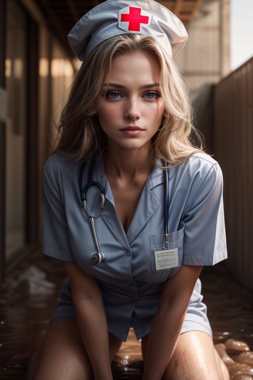 Wearing A Revealing Gray Blue Nurse Uniform With A Red Cross Armband, Kneeling While Ding To A Soldier, Compassionate And Determined Expression AI Porn