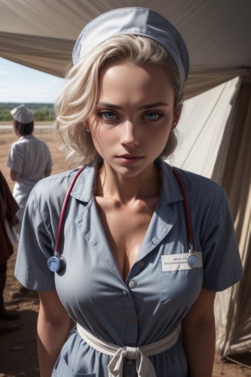 In A Muddy Battlefield With A Medical Tent In The Background, Compassionate And Determined Expression, Wearing A Revealing Gray-blue Nurse Uniform With A Red Cross Armband AI Porn