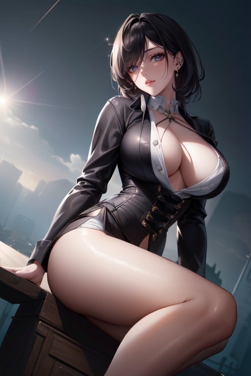 Sfw, Large Rounded Breasted With Large Round Ass And Wide Hips Wearing A Corset And Ripped Jeans And Black Combat Boots Earrings Piercings And Neck Tattoos With Simple Background Dark Smoky Eyeshadow, Fond D'écranPorno IA Hentai