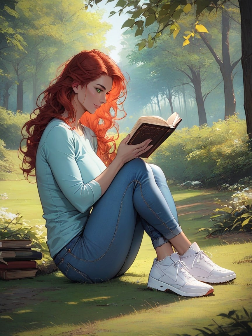 No Blur, Detailed Face, White Sneakers Reading A Book AI Porn