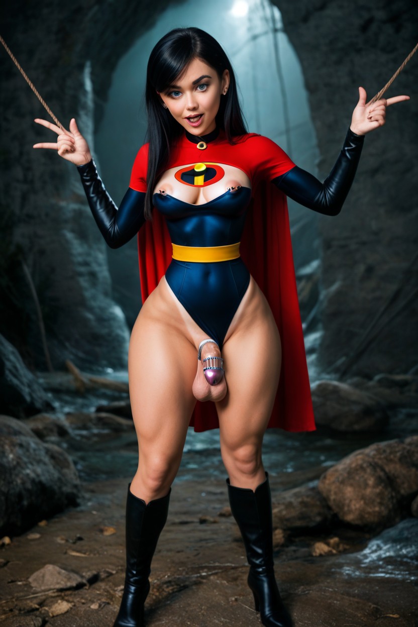 Supporting Balls With Hands, 1 Person, Open Cleavage Shemale AI Porn
