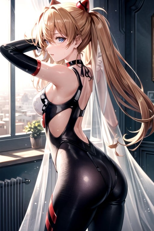 Asuka (evangelion), Blacklinear Swimsuit In A Stretch From Shoulder To Chest To Vagina; Black And White Sleeves On The Arms; Rounded Ass; ; Sweaty; A Athletic Body; Slightly Bare Thighs; Half Naked Thighs; A Bare, Detailed Vagina With A Slit; Black Translucent Patterned Stockings With White Bows; White Gloves With A Black Pattern; Red Tattoo Of A Heart With Lines On The Face; Bare Shoulders; A Monochromatic Choker Around My Neck; On Top Of A White Veil With A Black Pattern; Cheerful; Front View; Pornografia de IA