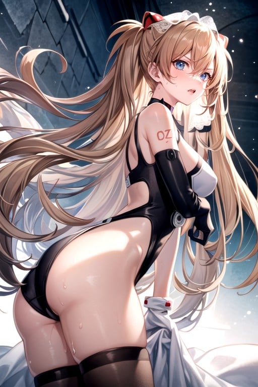 Detailed Vagina With A Slit; Black Translucent Patterned Stockings With White Bows; White Gloves With A Black Pattern; Red Tattoo Of A Heart With Lines On The Face; Bare Shoulders; A Monochromatic Choker Around My Neck; On Top Of A White Veil With A Black Pattern; Wicked; Angry;, Asuka (evangelion), Blacklinear Swimsuit In A Stretch From Shoulder To Chest To Vagina; Black And White Sleeves On The Arms; Rounded Ass; ; Sweaty; A Athletic Body; Slightly Bare Thighs; Half Naked Thighs; A BarePorno IA