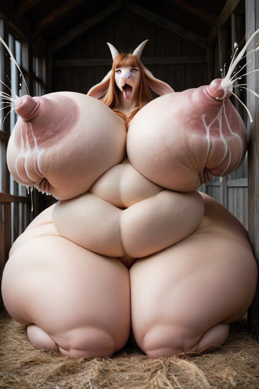 Exaggerated Hyper Swollen Nipples, Gigantic Ussbbw Belly, Furry Anthro Goat Pornografia de IA