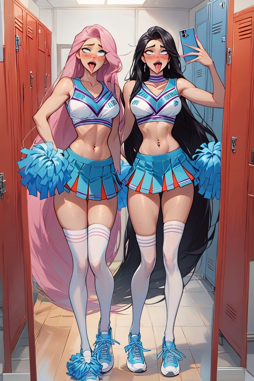 모델, One Girl Has Black Hair, Multi Colored Blue And White Cheerleader UniformAI 포르노