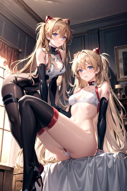 Detailed Vagina With A Slit; Black Translucent Patterned Stockings With White Bows; White Gloves With A Black Pattern; Red Tattoo Of A Heart With Lines On The Face; Bare Shoulders; A Monochromatic Choker Around My Neck; On Top Of A White Veil With A Black Pattern; Cries; Sad;, Asuka (evangelion), Blacklinear Swimsuit In A Stretch From Shoulder To Chest To Vagina; Black And White Sleeves On The Arms; Rounded Ass; ; Sweaty; A Athletic Body; Slightly Bare Thighs; Half Naked Thighs; A BarePorno AI Hentai