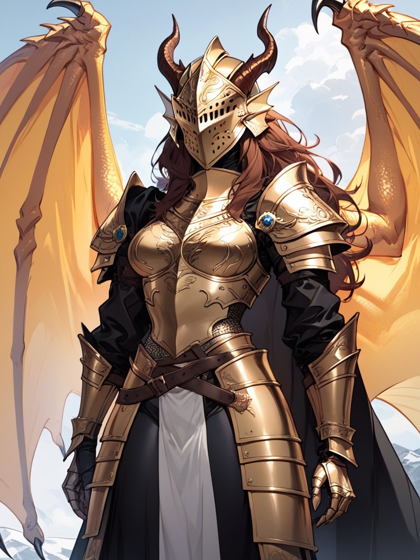 Helmet Covering Whole Head, Golden Dragon Girl, Big Golden Dragon WingsAIポルノ