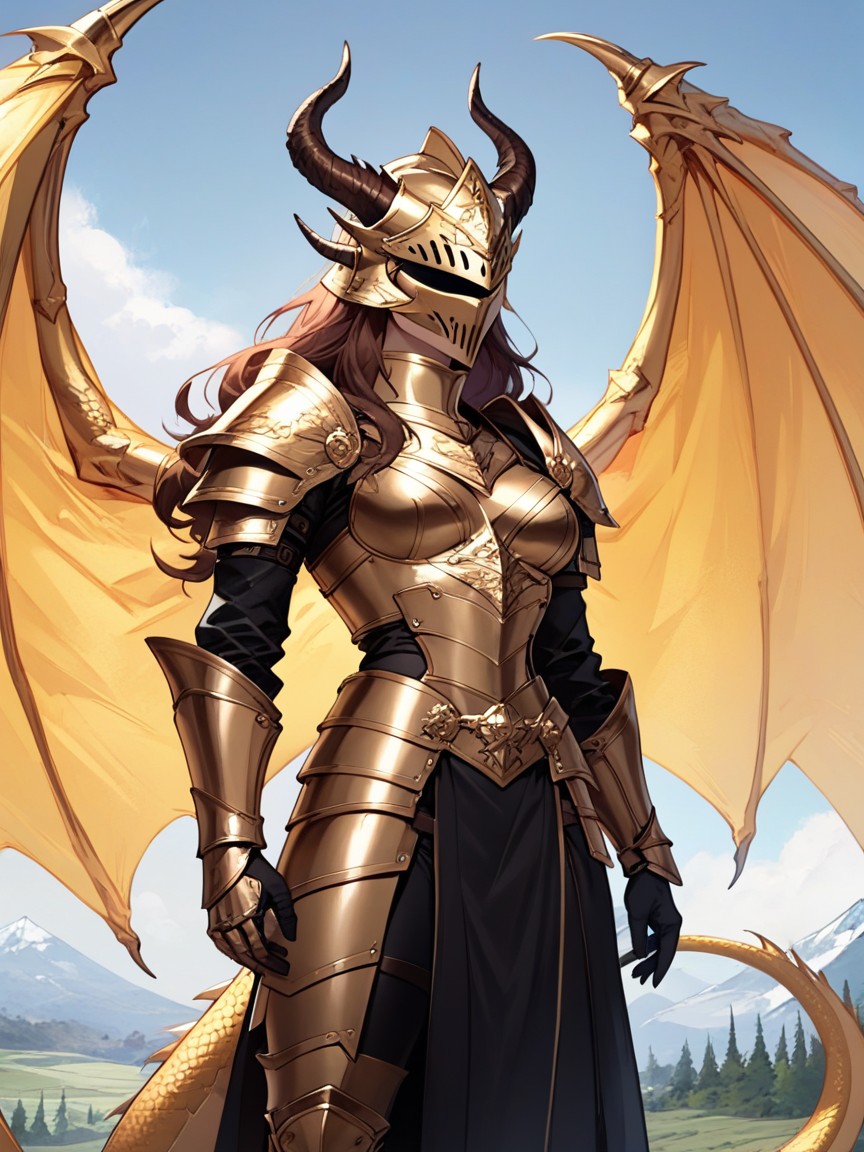 Dragon Horns, Golden Armor, Helmet Covering FacePorno IA