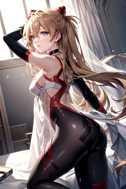 Asuka (evangelion), Detailed Vagina With A Slit; Black Translucent Patterned Stockings With White Bows; White Gloves With A Black Pattern; Red Tattoo Of A Heart With Lines On The Face; Bare Shoulders; A Monochromatic Choker Around My Neck; On Top Of A White Veil With A Black Pattern; Cries; Sad; Tears;, Blacklinear Swimsuit In A Stretch From Shoulder To Chest To Vagina; Black And White Sleeves On The Arms; Rounded Ass; ; Sweaty; A Athletic Body; Slightly Bare Thighs; Half Naked Thighs; A BarePorno IA Hentai