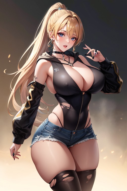 Long Black Finger Nails, Covering Her Breasts With Her Elbows In K Resolution With Cinematic Lighting And Ray Tracing With A Simple Background, Looking At The ViewerPorno IA Hentai